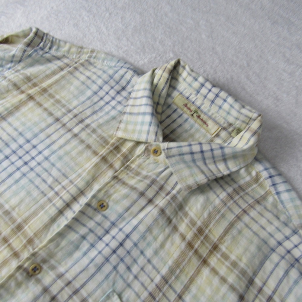 Tommy Bahama Mens Large‎ Button Down Blue & Tan Linen\Cotton Plaid Shirt